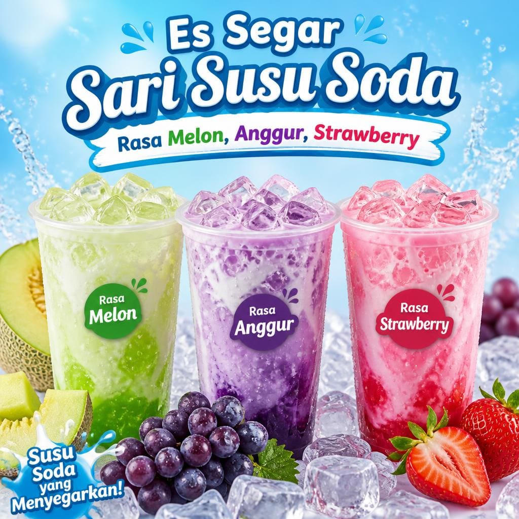 Es Segar Sari Susu Soda Rasa Melon, Anggur, Strawberry Warkop 3D
